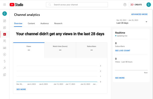 YouTube Studio channel analytics with content audience and research