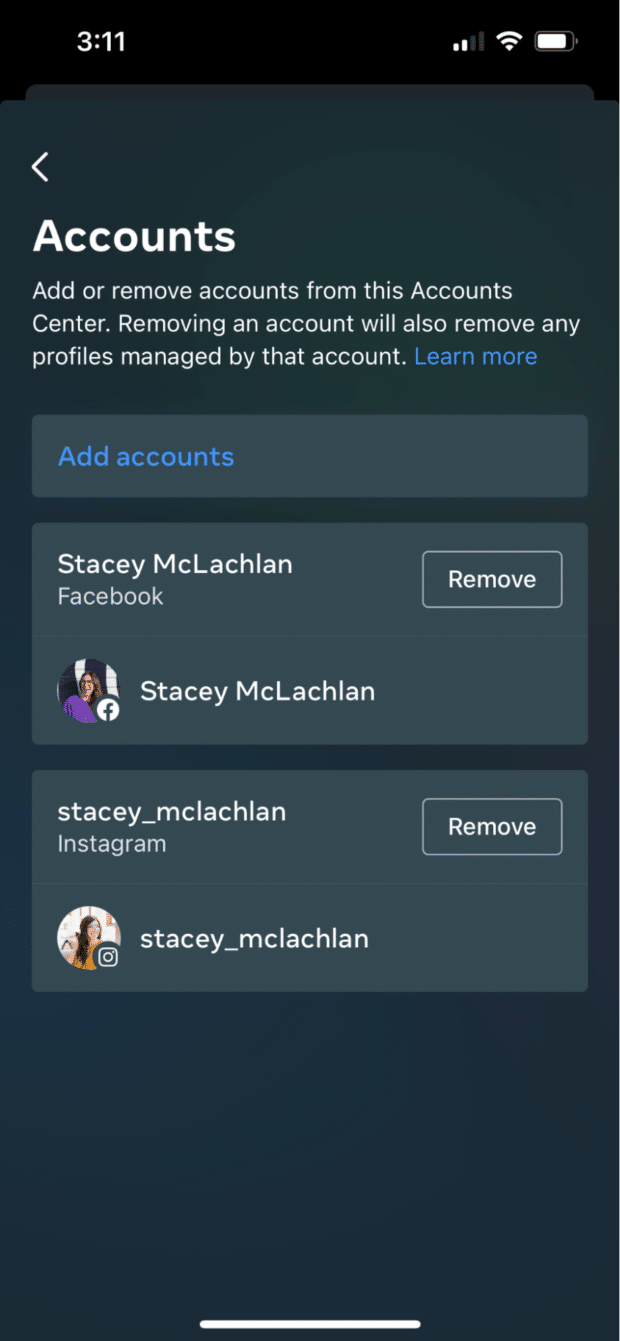 add or remove Instagram accounts from Facebook accounts centre