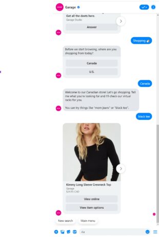 Garage Clothing Facebook Messenger Canadian shopping question
