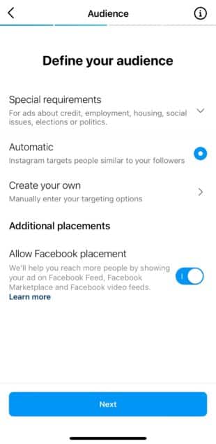 instagram boost audience targeting options shown in instagram app