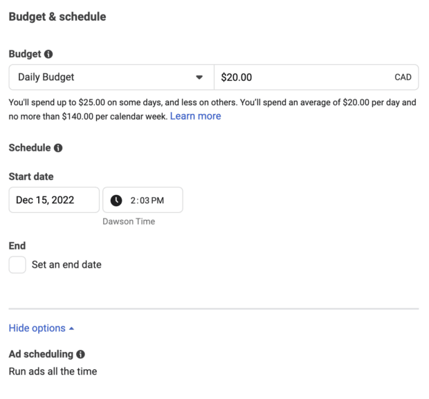 choosing budget and schedule for instagram ads