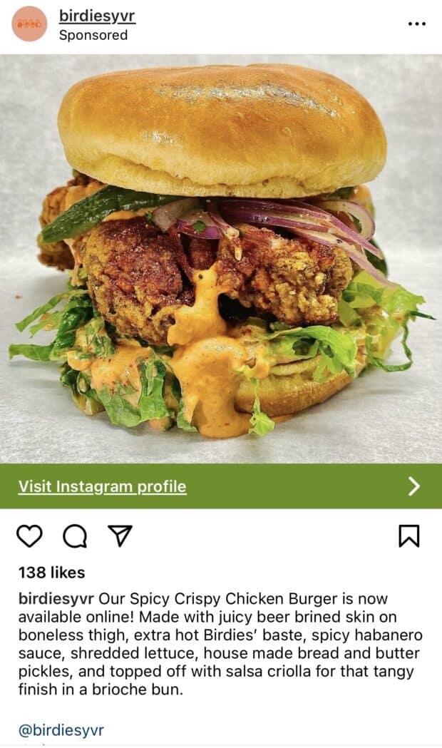 birdiesyvr instagram feed ad showing delicious breaded chicken burger