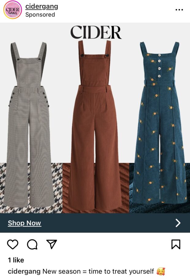 Cider in-feed image ad with colored overalls