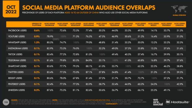 chart showing social media audience overlaps across platforms