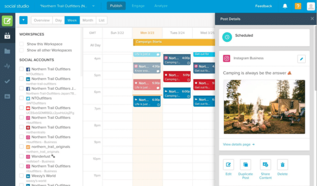 salesforce social studio calendar view showing different social accounts and scheduled posts