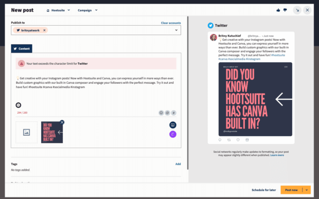 Hootsuite's Composer screen shows a post scheduled for Twitter that includes an image built using Hootsuite's built-in Canva integration
