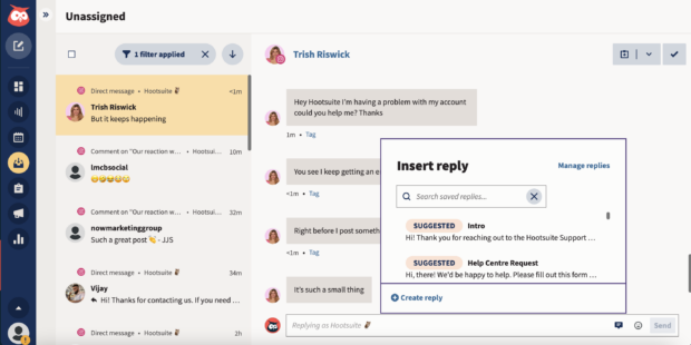 Hootsuite's Inbox feature contains both social media comments and direct messages in one integrated feed
