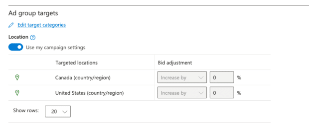 ad group targets including location and bid adjustment