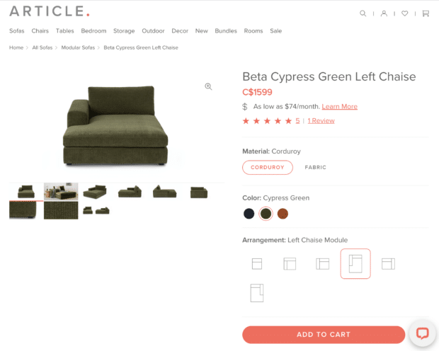 Article beta cypress green left chaise add to cart CTA