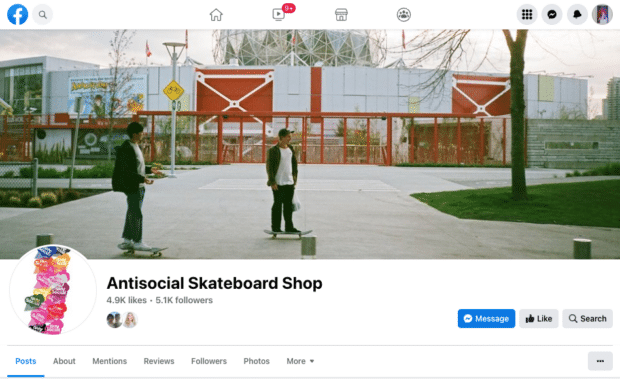 antisocial skateboard shop Facebook page