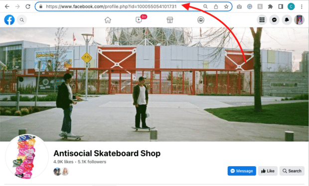 Antisocial Skateboard Shop generic URL on Facebook