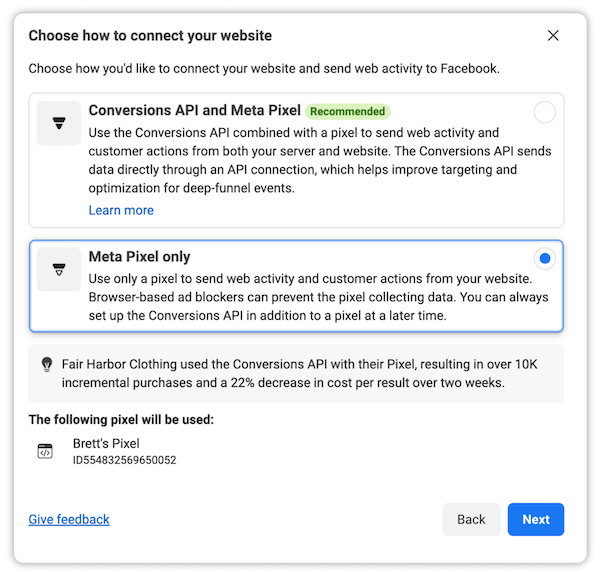 facebook pixel setup - meta pixel only option
