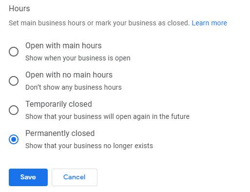 Changing Google Business Profile hours to permanently closed