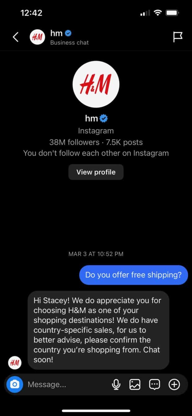 H&M Instagram DM business chat