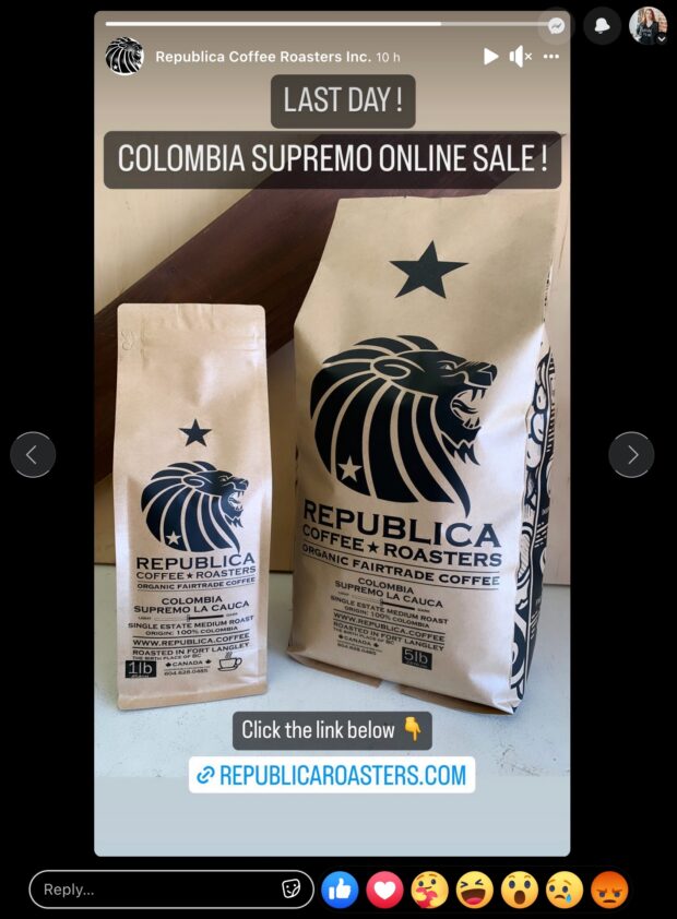 Republica Coffee Roasters last day of Colombia Supremo online sale Instagram post