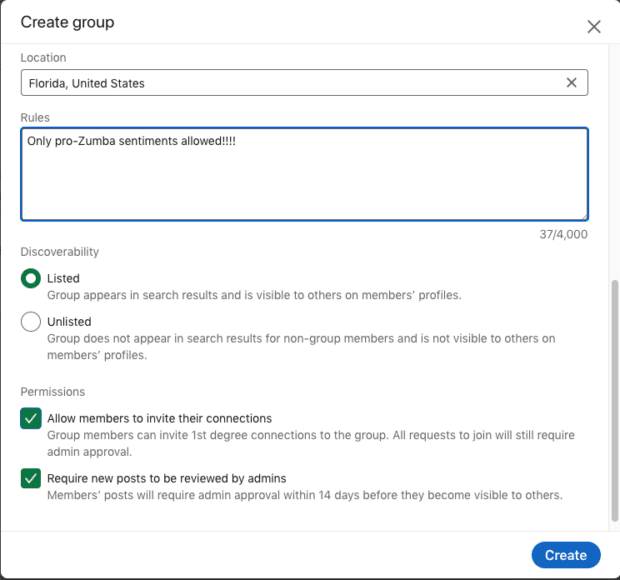 create group with location rules discoverability and permissions
