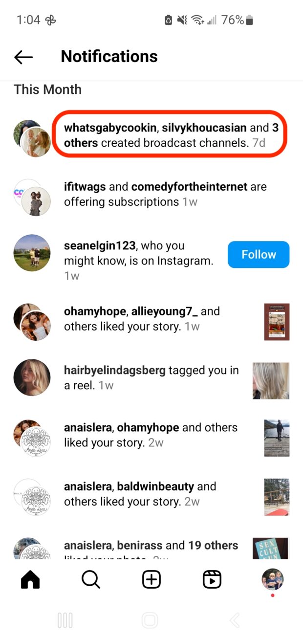 notifications with account names on instagram