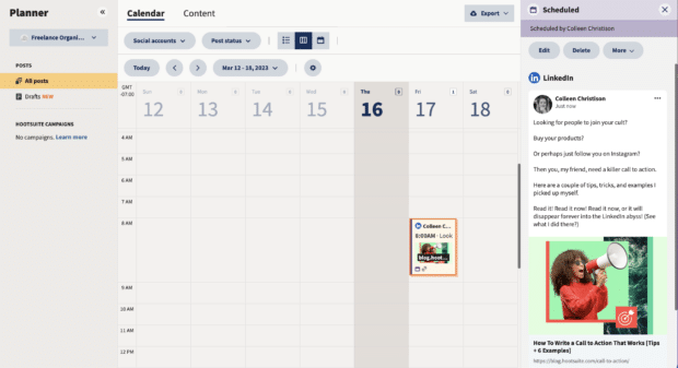 Hootsuite Planner calendar view