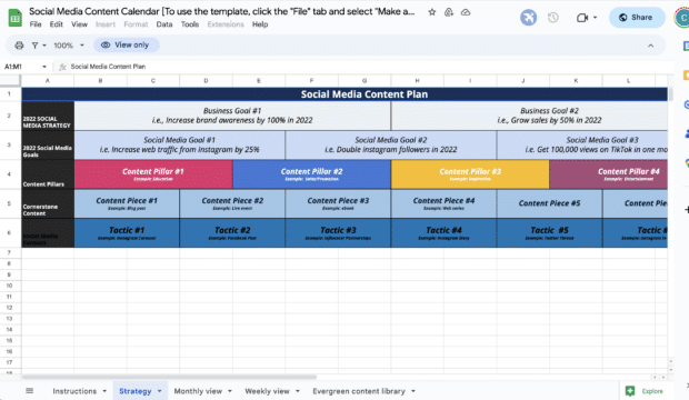Google Sheets social media content calendar template