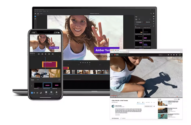 Adobe Premiere Rush mobile and desktop view woman on skateboard