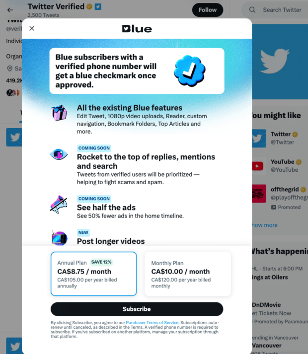 blue subscribers with a verified phone number will get a blue checkmark