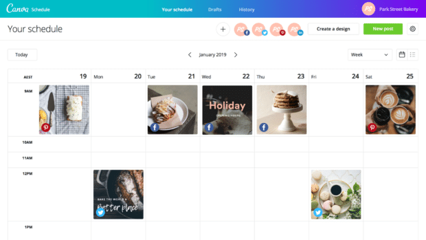 Canva offers social media scheduling capabilities with a visual planner