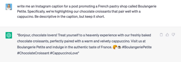chatpgt generated instagram post for a french bakery