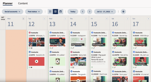 Hootsuite's Planner: multiple social media posts scheduled a week in advance