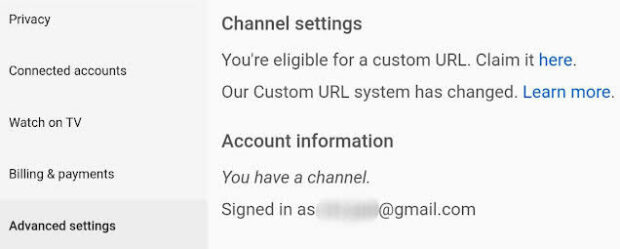 channel settings and account information