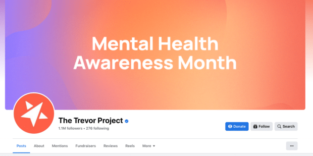 The Trevor Project Mental Health Awareness Month Facebook donation button