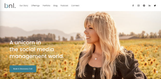 website homepage showing picture of blonde woman in a field of sunflowers
