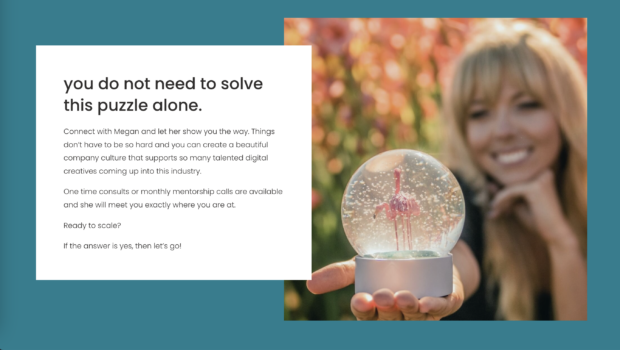 website featuring blonde woman golding a snowglobe. overlay text reads "you don't need to solve the puzzle alone"