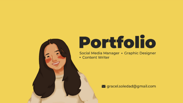 bright yellow cover page of social media portfolio with smiling asian woman illustration