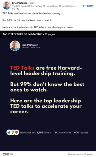 linkedin post showing stat that states 99% of people don't know the best ted talks to watch