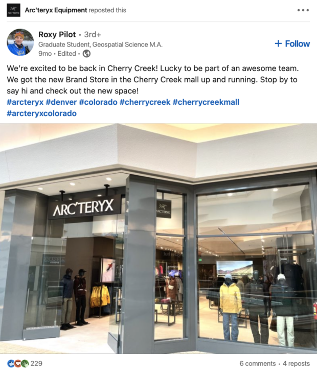 arcteryx reposting content about a new store opening from an employee on linkedin