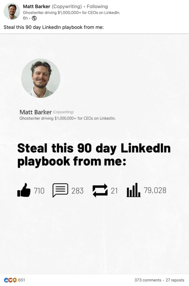 linkedin carousel post with text saying: "steal this 90 day linkedin playbook from me"