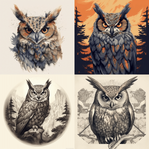 four illustrations of brown horned owls in a grid