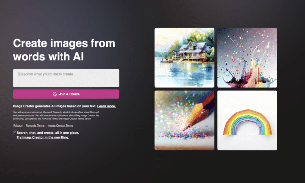 bing image creator home page showing prompt box and copy encouraging users to create images from words with ai