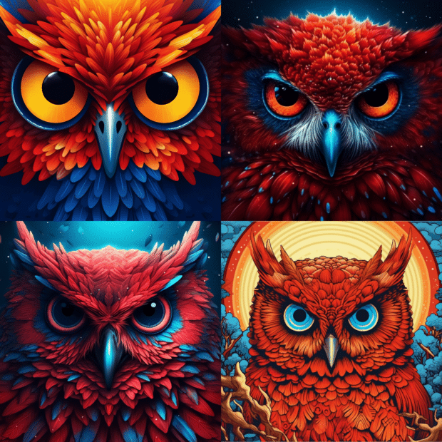 four images of red owls in illustrative and photorealistic styles