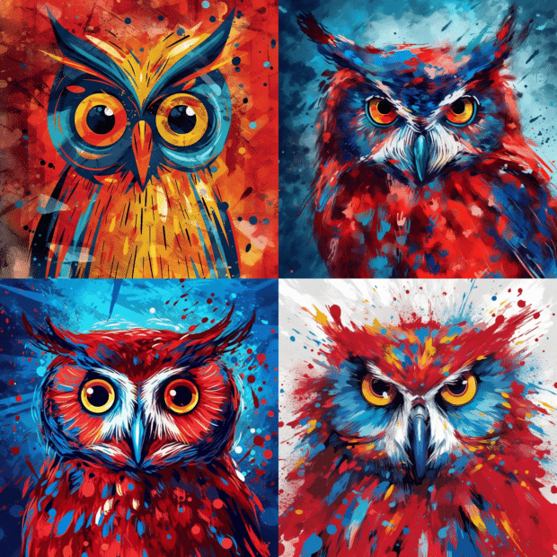 four red owls in a grid in the style of abstract expressionism