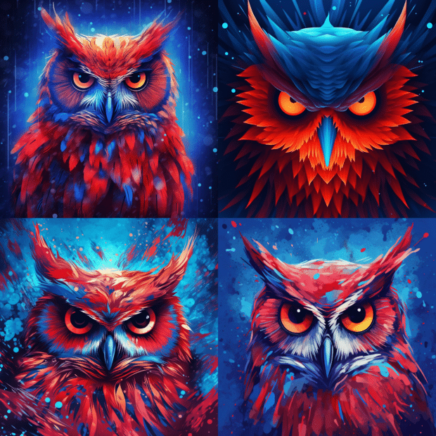 four red owls in a grid with various expressions