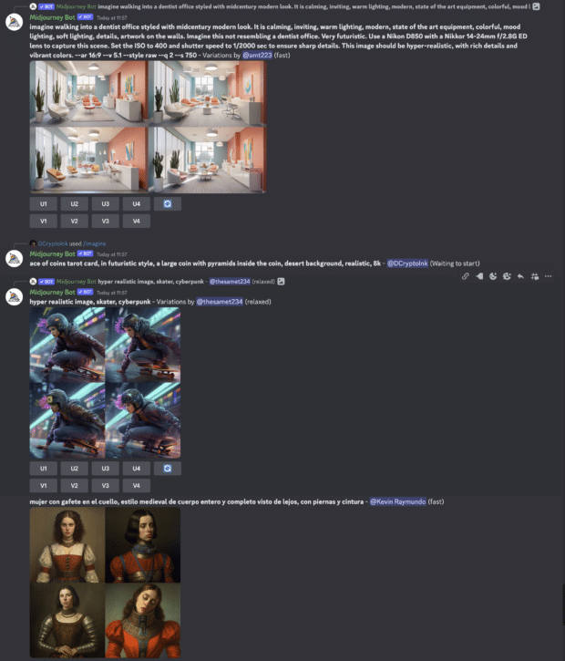 various midjourney prompts and outputs shown in discord chatroom