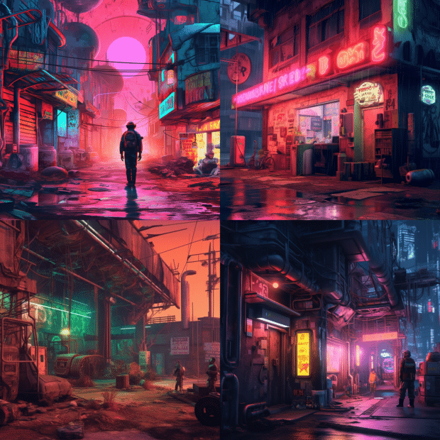 midjourney ai art results for A Dadaist collage of a post-apocalyptic world in neon tones and volumetric lighting