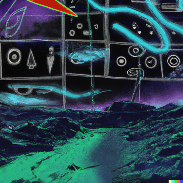 dall-e ai art result showing dadaist, abstract space scene with white drawing laid over top