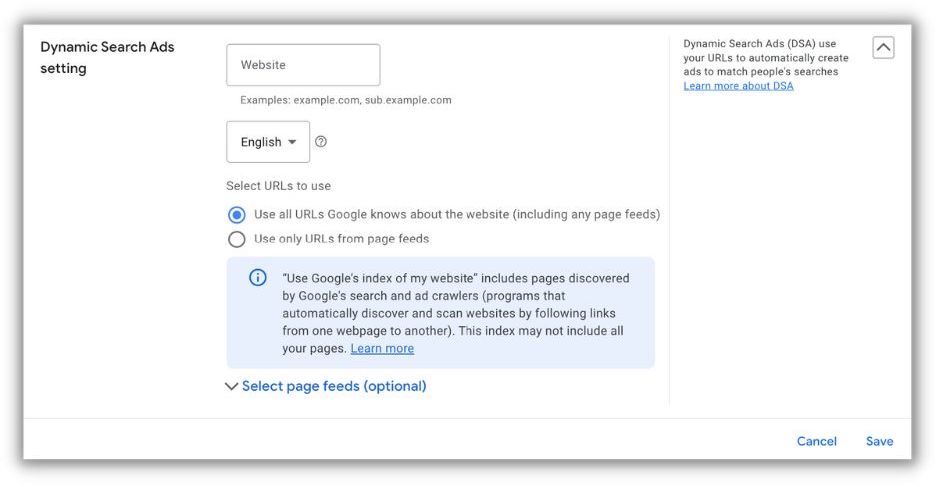 how to set up dynamic search ads in google - settings