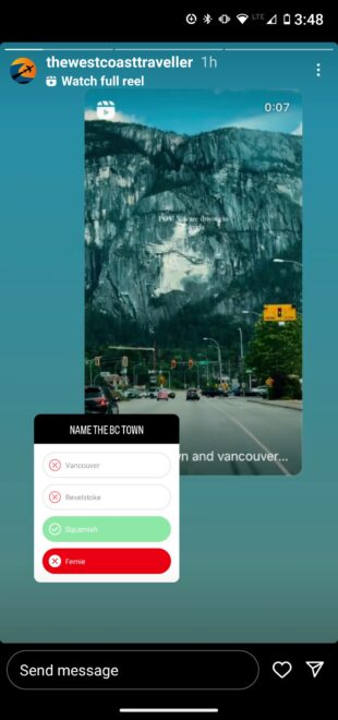 The West Coast Traveller Instagram Story quiz name the BC town