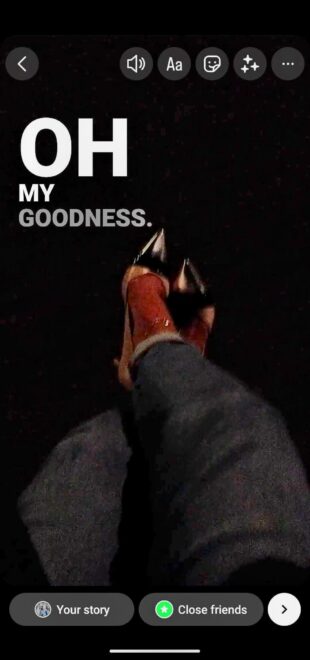 "Oh my goodness" auto-generated text caption on Instagram story