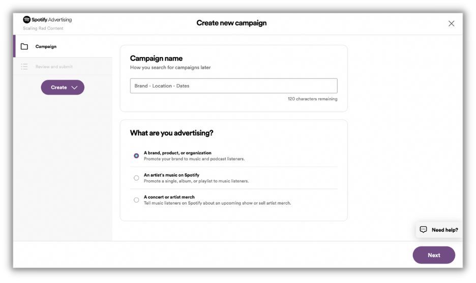 spotify advertising - how to run spotify ads - create campaign name