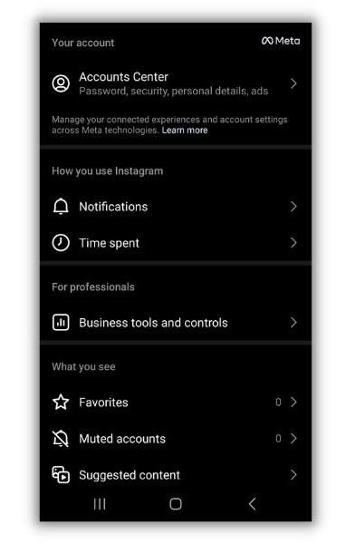 Instagram verify - screenshot of an Instagram account menu