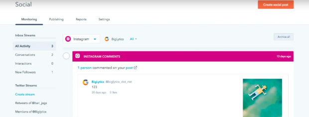 HubSpot social inbox streams and Instagram comments
